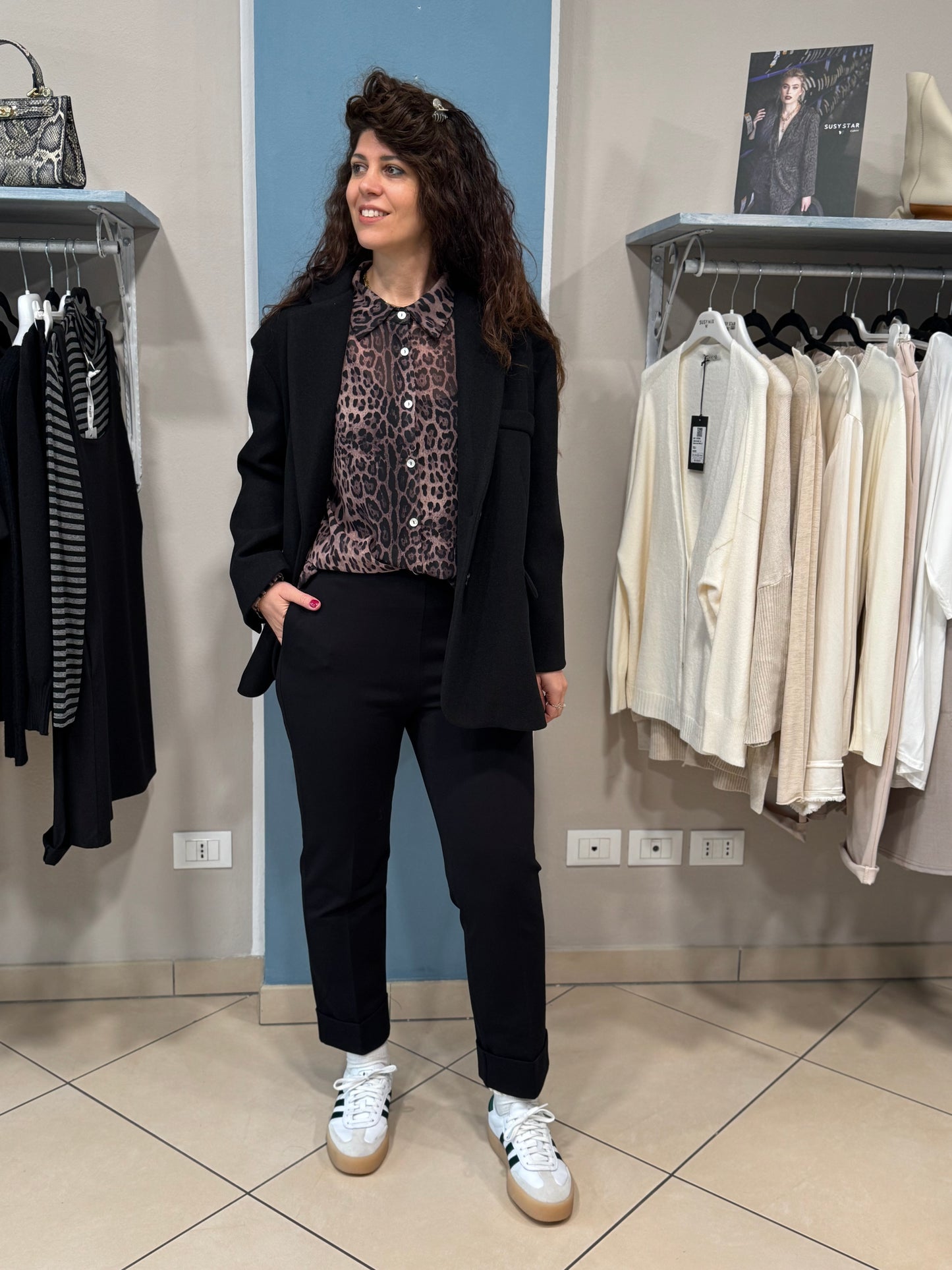 Susymix- Pantalone in punto Milano con risvolto
