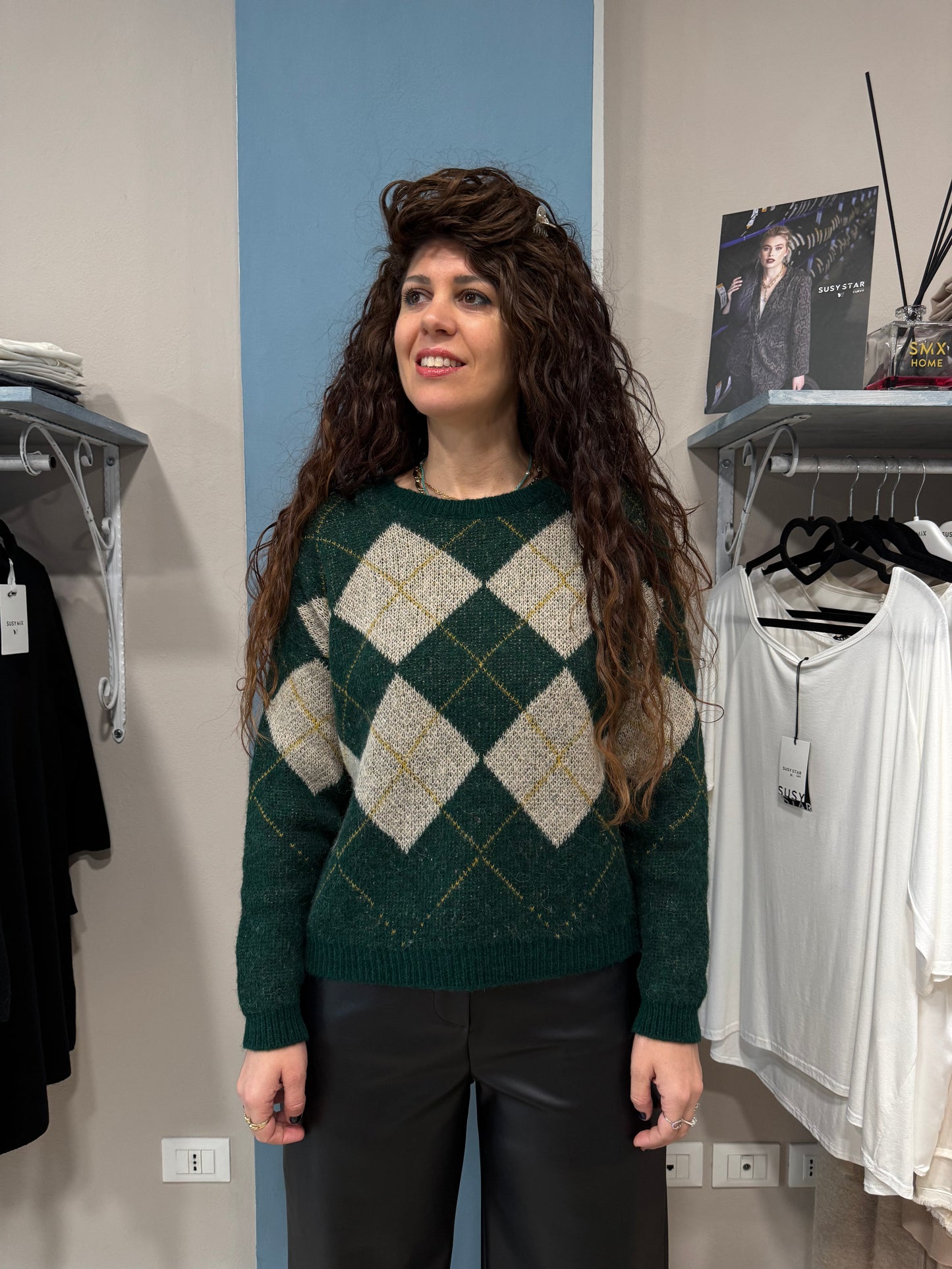 Susymix-Pullover girocollo con rombo color corda