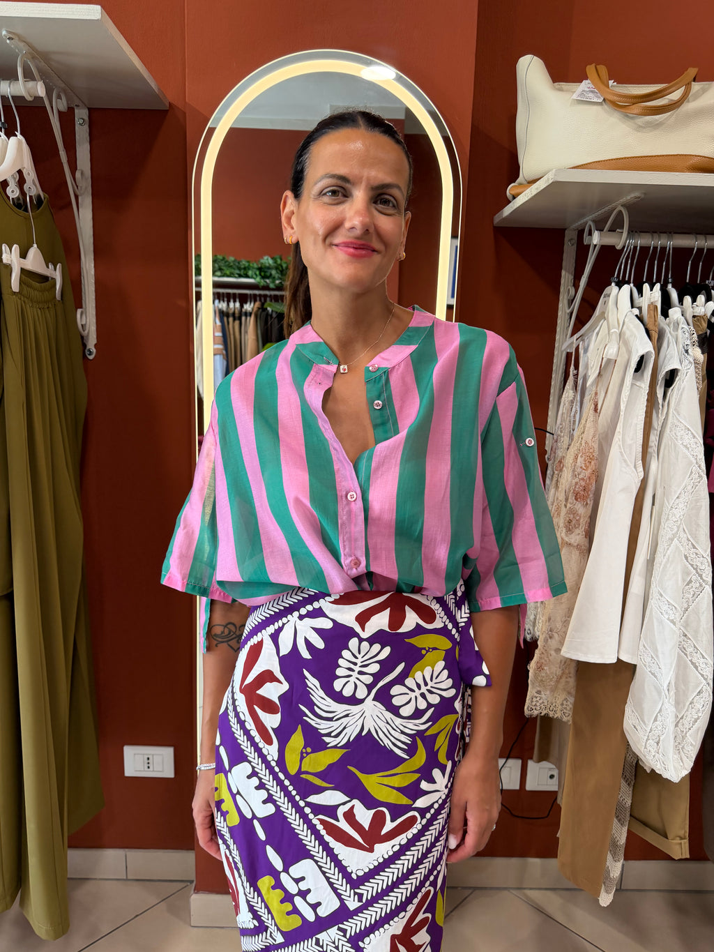 Camicia coreana a righe misto seta-Rocknroll