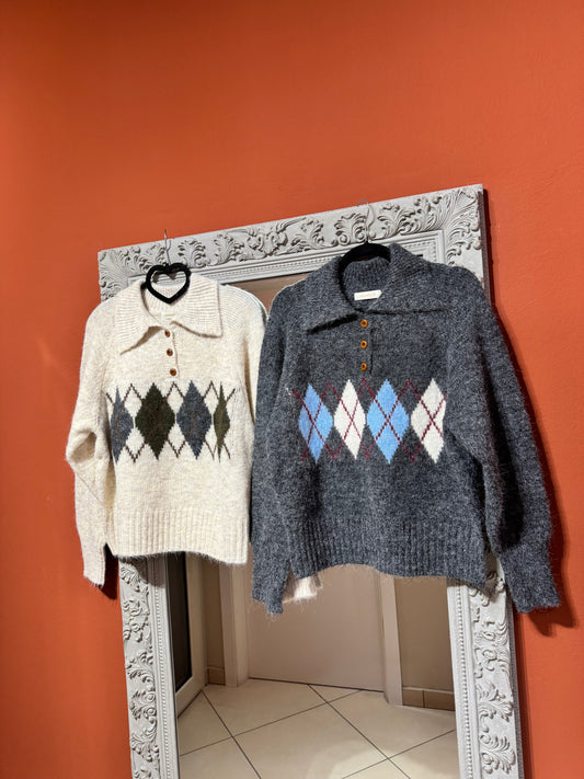 Rocknroll- Pullover con rombi e maxi colletto